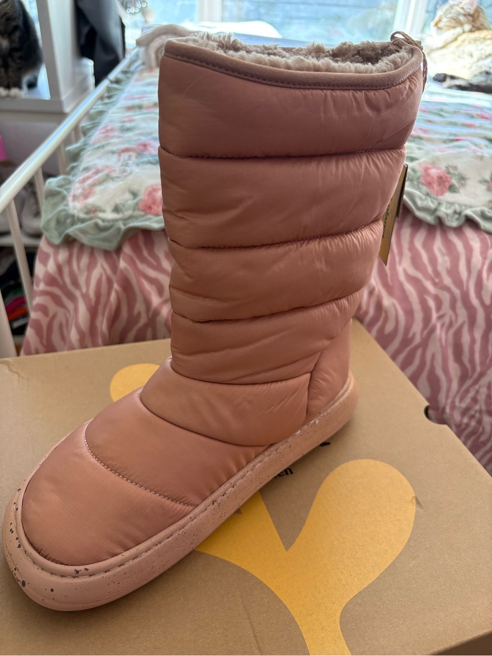 Steve Madden Quilted Puffer Mid-Calf Boot in Mauve Pink
